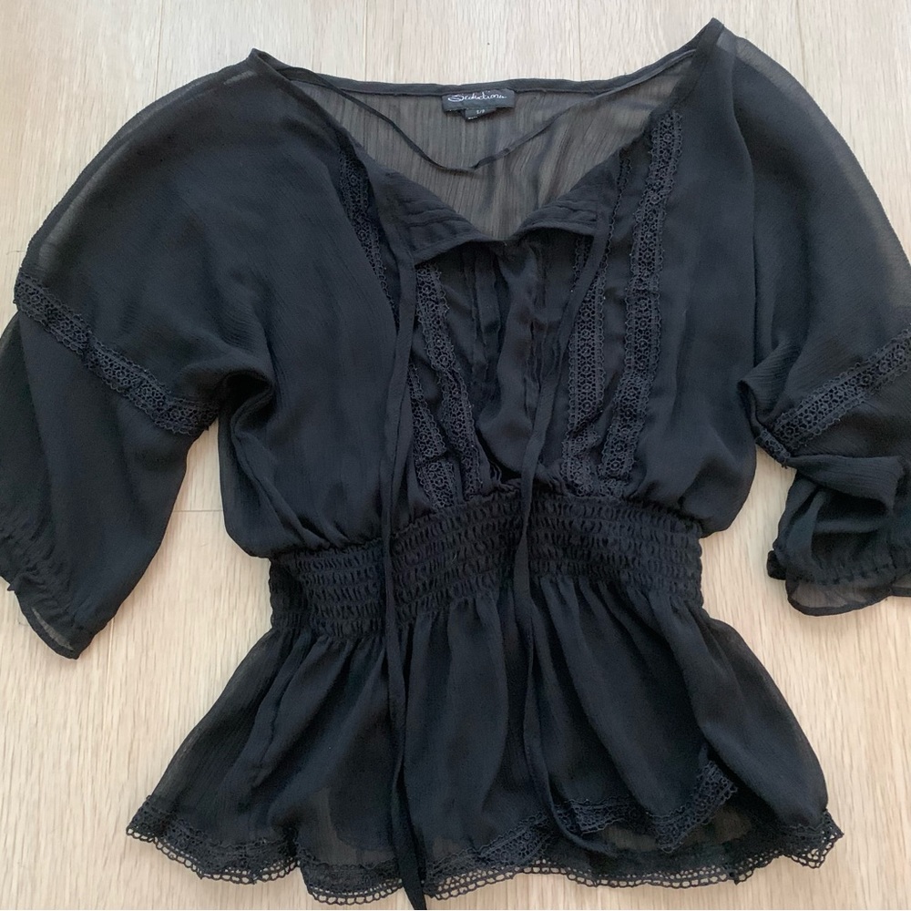 Seduction Black Lace Trim Peplum Blouse